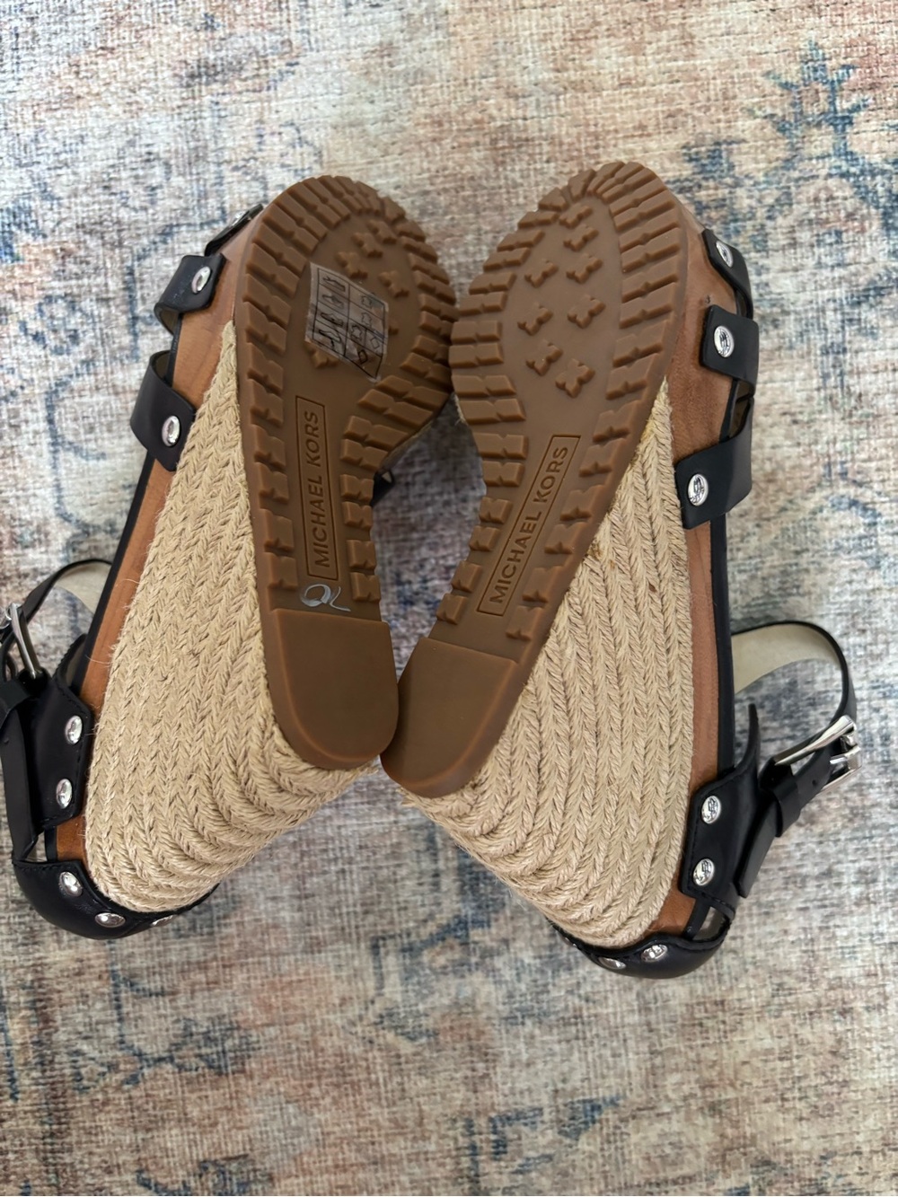 Michael Kors Black Leather Espadrille Wedge Sandals with Buckle - Picture 7 of 15
